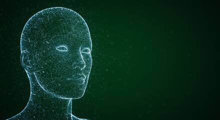Abstract Digital Human Head with AI Technology on Green Background