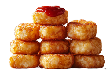 Stack of Golden Hash Browns Topped with Ketchup on Transparent Background, CloseUp View