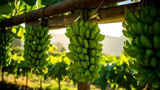 Pisang Hijau yang Matang di Bawah Sinar Matahari Tergantung di Rak Bambu di Perkebunan yang Rimbun