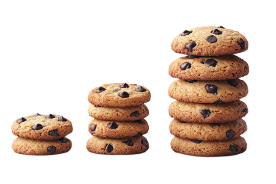 Three stacks of delicious chocolate chip cookies on white background, baked goods temptation