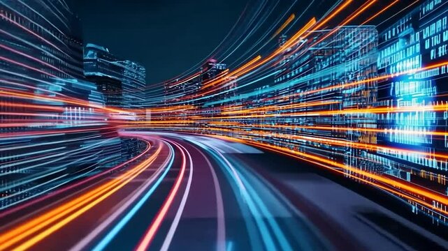 Digital city lights accelerate along the futuristic highway with blurred speed
