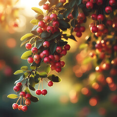 Hanging branch of the crab apple tree, also known as paradise apple with small ripe red fruits in the orchard at summer sunny day, view close-up on a blurred background
