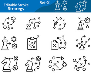 Fototapeta premium A strategy icon set features vector illustrations representing planning and decision-making tools like chess pieces, targets, flowcharts, timelines, light bulbs, gears, and roadmaps.