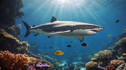Fototapeta premium Great White Shark Swimming Over Coral Reef in Clear Blue Ocean