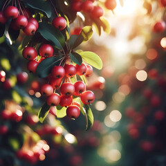 Hanging branch of the crab apple tree, also known as paradise apple with small ripe red fruits in the orchard at summer sunny day, view close-up on a blurred background
