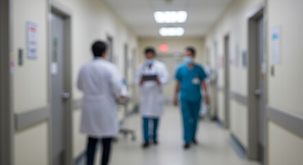 Fototapeta premium Blurred Hospital Corridor View with Doctors and Nurses in Hallway
