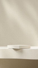 A minimalist product scene with a beige-gray background and soft sunlight pouring in, creating a warm and elegant atmosphere."