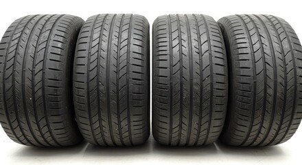 Obraz premium Automotive Photo of Four Black Car Tires Rubber Treads on White