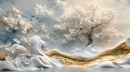 3D background with a white tree of life, flowers, and a golden wave, wall mural, wall art