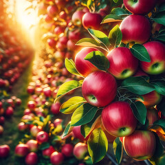 Harvest of red apples on a tree in the garden. Selective focus. Food.