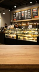 Blurred Interior Of Coffee Shop With Wooden Tabletop Background