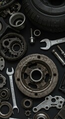 Close up Photo of Mechanical Auto Parts Gears and Tools in Dark Style