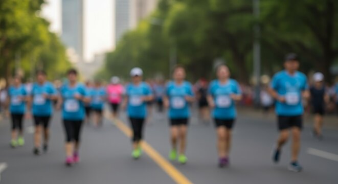 Blurred Photo of Marathon Runners Blue Shirts Exercise Outdoor