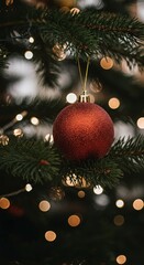 Fototapeta premium Close Up Photo Festive Red Christmas Ornament Hanging on Tree Branch