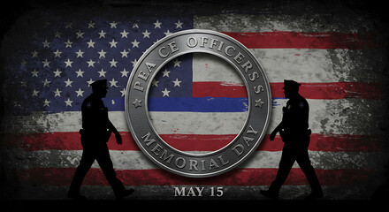 Peace Officers Memorial Day Tribute Thin Blue Line American Flag Police Silhouettes Grunge