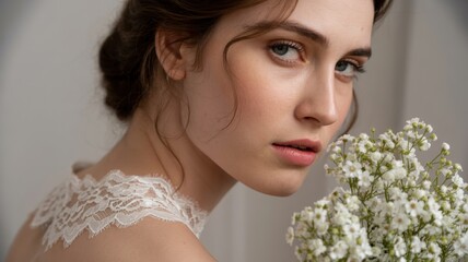 Young caucasian female with flowers bridal portrait
