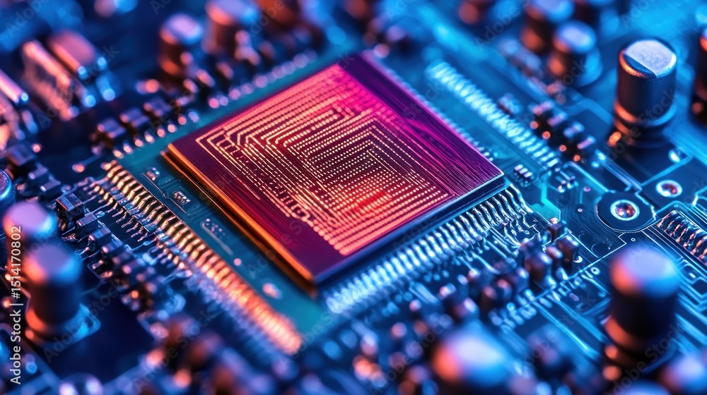 Poster close-up of a microchip on a circuit board