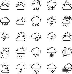 Fototapeta premium Simple vector outline weather icons illustrating different atmospheric conditions and forecasts