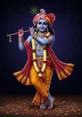 Detailed Illustration of Lord Krishna with Flute Divine Deity
