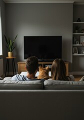 Cozy Home Living Room Couple Dog Watch Tv Show Together