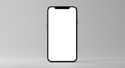 A modern smartphone centered in the frame, showcasing a blank screen. Soft gray background, emphasizing minimalism, bright lighting accentuating phone features, and sharp focus on device’s contours.
