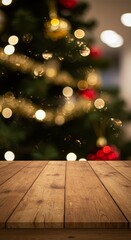 Blurred Bokeh Lights on Christmas Tree with Wooden Table