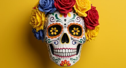 Decorative Skull with Colorful Floral Crown in Day Of The Dead Art