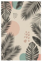 Botanical Illustration Tropical Leaf Pattern Design on Beige Background