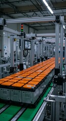 Electric Batteries on Automated Assembly Line in Modern Factory
