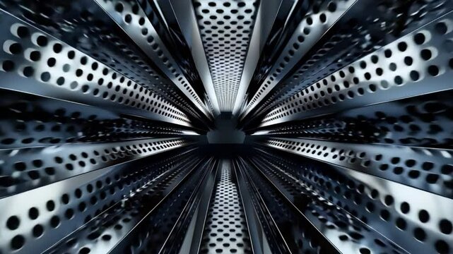 Dynamic Abstract Background Metallic Perforated Design Showcasing Depth, Movement, and Interplay of Light and Shadow in Futuristic Atmosphere.
