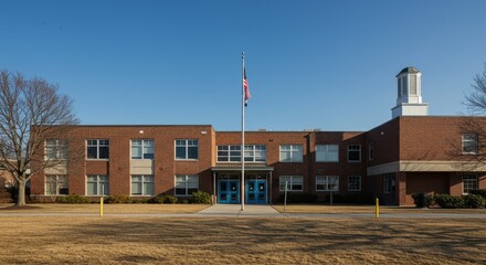 Obraz premium Exterior View of a Two Story Brick School Building Under Blue Sky