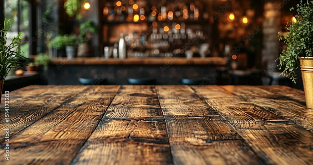 Poster rustic wooden table in the foreground with empty space. focus on the foreground, with bar and blurre