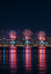Fireworks Night Over City Skyline Reflection Water Photo