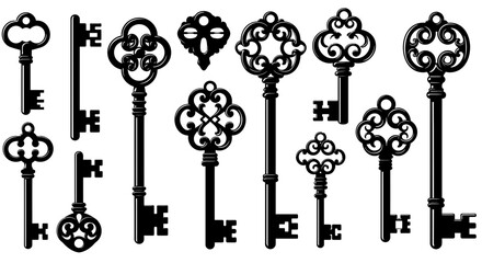 Obraz premium old vintage antique skeleton key icon, retro classic style, monochrome, black and white, minimalist, silhouette, vector illustration