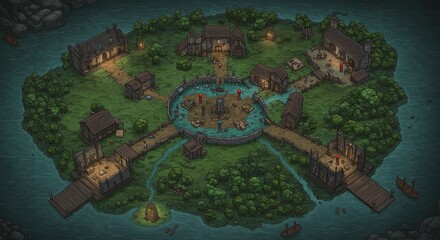 Naklejka premium Detailed Illustration of Fantasy Island Village Settlement Map Aerial View