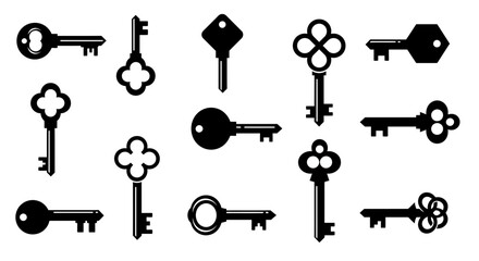 old vintage antique skeleton key icon, retro classic style, monochrome, black and white, minimalist, silhouette, vector illustration