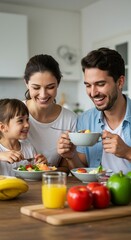 Family Enjoying Healthy Salad Meal at Kitchen Wooden Table Indoor