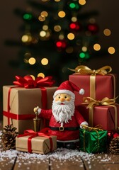 Festive Photo Santa Claus Near Christmas Gifts and Decorative Tree