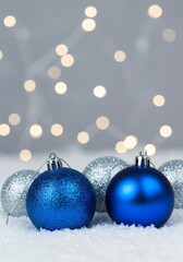 Festive Still Life Photo Blue Silver Ornaments Snow Christmas Decor