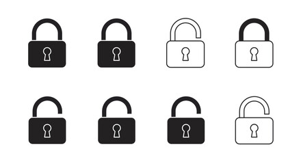 Padlock Icon Set – Locked and Unlocked Security Lock Symbols in Black and White