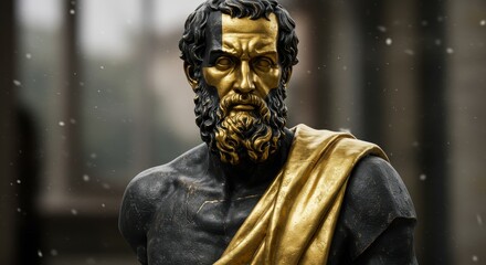 Obraz premium Golden Sculpture Portrait of Bearded Man in Stone Robe Outdoors