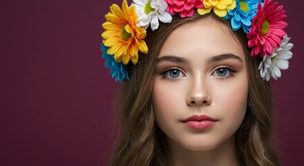 Naklejka premium Floral Portrait of Young Woman with Colorful Flower Crown Beauty
