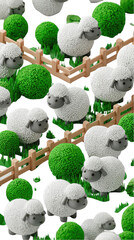 Playful pattern of sheep and greenery on black background