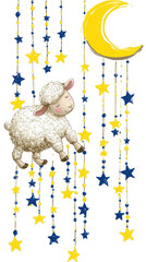 Cute sheep illustration with moon and starry sky on black background
