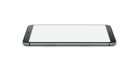A flat smartphone on a white surface, displaying a blank screen; characterized by a slim profile, grey metal edges, and a minimalist design.