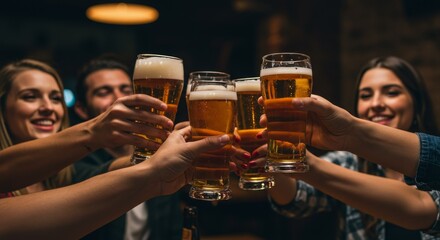 Friends At Party Raising Beer Glasses In A Toast Celebration Fun
