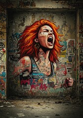 Graffiti Portrait Intense Redhead Woman Shouting Against City Wall Art