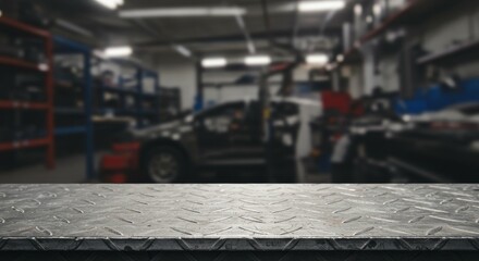 Garage Workshop Blurred Background with Countertop Table in Automotive