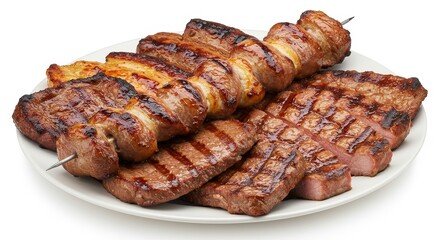 Grilled Meat Skewers Delicious Barbecue Beef Pork Dish on White Plate