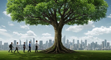 Growth Tree Future with People Approaching Cityscape Modern Photo